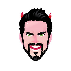 The emotion of a young man. Cartoon bearded man in the image of a demon or devil. Illustration for advertising and chat. Avatar of an evil character. The image is isolated on a white background.