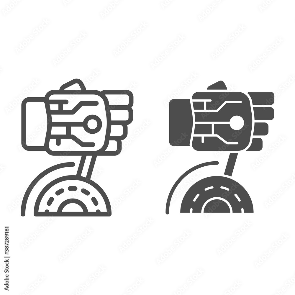 Poster robot hand turns on switch line and solid icon, robotization concept, robotic hand sign on white bac