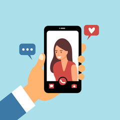 Video call with love one concept vector illustration. Man hand holding smartphone with girlfriend on screen. Finger touch screen. Video chat via internet in flat design.