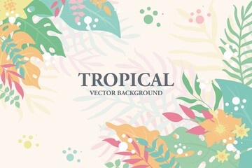 Fototapeta na wymiar Colorful tropical plants, leaves and flowers background. Horizontal floral frame with space for text 