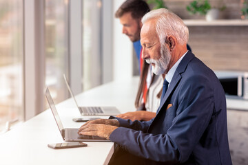 Senior manager using a laptop with young colegues in background