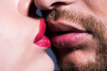 Sensual couple kissing lips. Young lovers kiss.