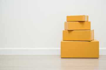 Stacking of box parcel cardboard mock up on blank space white background.