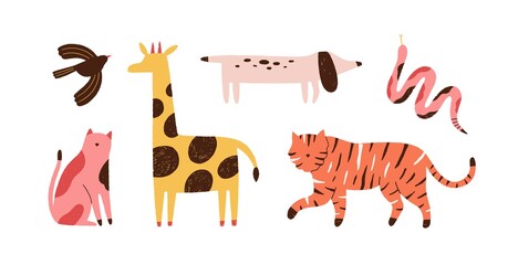 Set of doodle abstract trendy wild animals and pets. Stylish modern contemporary art. Bird, snake, giraffe, dog, tiger, cat isolated on white. Flat vector cartoon illustration isolated on white
