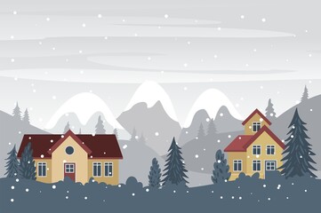 Christmas village with scenery winter landscape, Cute christmas town with flat style
