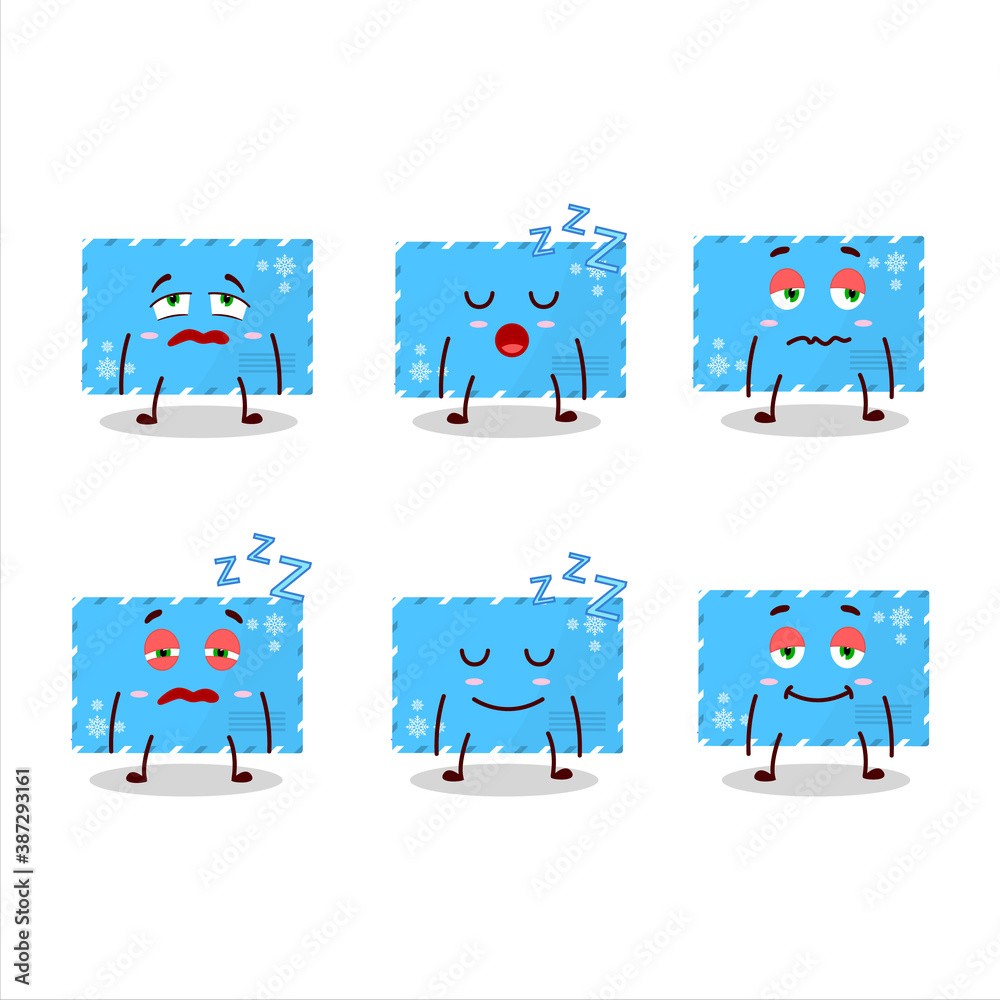 Wall mural cartoon character of blue christmas envelopes with sleepy expression