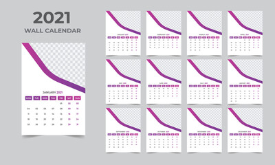 Wall calendar design 2021 template Set of 12 Months, Week starts Monday, Stationery design, calendar planner

