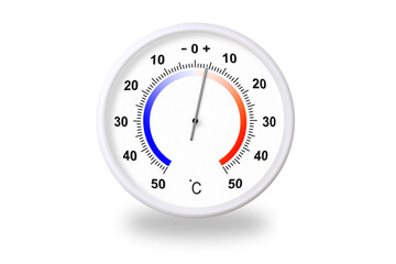 Outdoor thermometer on white background. Ambient temperature plus 4 degrees celsius