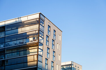 Fototapeta premium Uppsala, Sweden - June 21, 2019: modern house leaning out onto the street