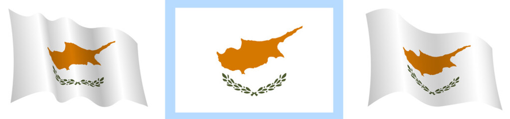 flag of republic of Cyprus in static position and in motion, developing in wind in exact colors and sizes, on white background