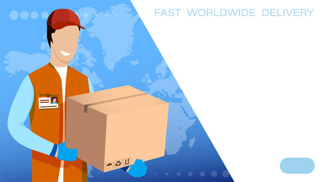 fast delivery of goods all over the world. Delivery service worker with cardboard box in his hands on background of world map. Concept delivery of parcels and mail. Vector - Powered by Adobe