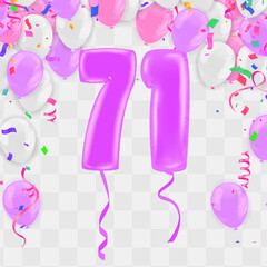 71 years anniversary and birthday with template design on background colorful balloon and colorful tiny confetti pieces for celebration