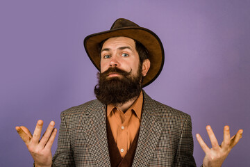 Funny retro bearded man in vintage style. Surprised face, isolated.