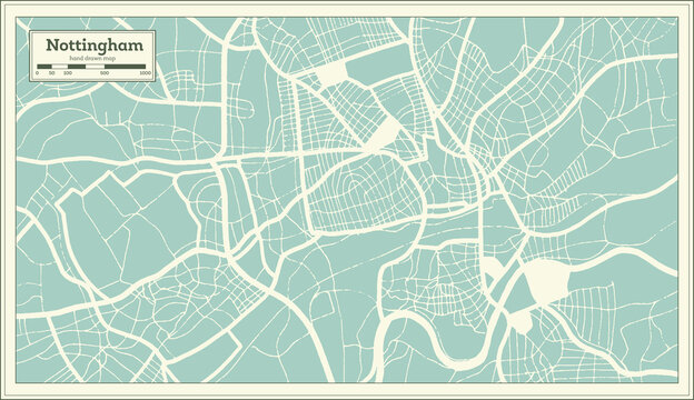 Nottingham Great Britain (United Kingdom) City Map in Retro Style. Outline Map.