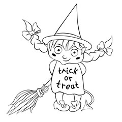 Cute little girl in costume of witch drawn in cartoon doodle style. Vector outline illustration isolated on white background. For coloring book page, halloween design, greeting card