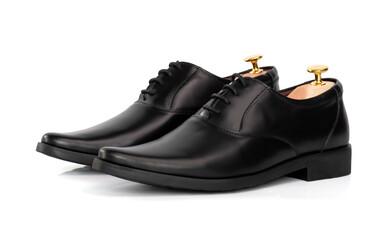 Men fashion black leather oxford shoes with shoe tree (shape supporter) isolated on white...
