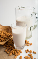Health Concept. Fresh organic vegan almond milk. Alternative source of protein for vegetarians, low calories tasty drink. Closeup, white background
