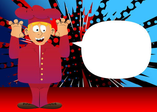 Fat male cartoon chef in uniform is trying to scare you. Vector illustration.