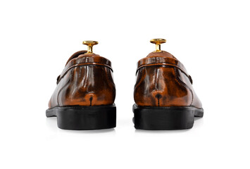 Men fashion brown polished leather collection loafer shoes with shoe tree (shape supporter) isolated on white background. back view