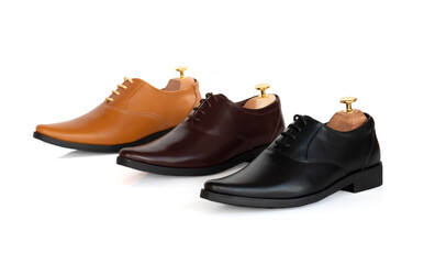 Men fashion leather collection oxford shoes with shoe tree (shape supporter) isolate on white background.