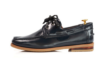 Men fashion gray leather boat shoes with shoe tree (shape supporter)  isolated on white background. Clipping path , side view.