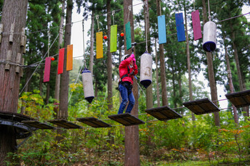命綱を付けて体験する森の中のアクティビティ