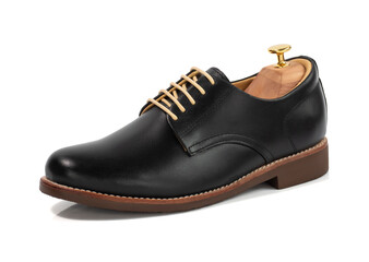 Men fashion black shoes leather with clipping path isolated on white background. Side view