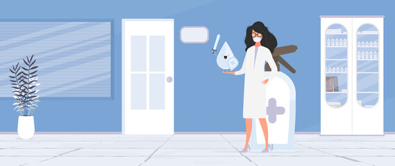 Girl doctor holds a sanitizer in her hands. Medical woman in a white coat. Medical office. Doctor's office. Cabinet, medicines. Vector.