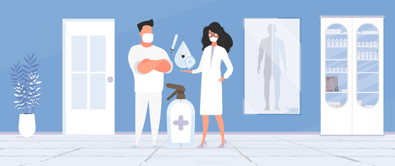 Man and Girl doctor. Medics in medical masks. Spray bottle.  Medical office. Doctor's office. Cabinet, medicines. Vector. 