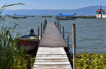 Obraz premium Boardwalk on Lake Chapala and a docked boat and some plants