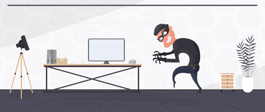 The thief entered the apartment and steals the laptop. An office robber steals data. Security and robbery concept. Vector.