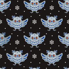 Christmas seamless pattern with cute owl in ethnic style. Colorful vector background