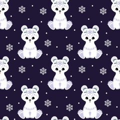 Christmas seamless pattern with cute  polar bear in ethnic style. Colorful vector background