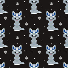 Christmas seamless pattern with cute wolf in ethnic style. Colorful vector background
