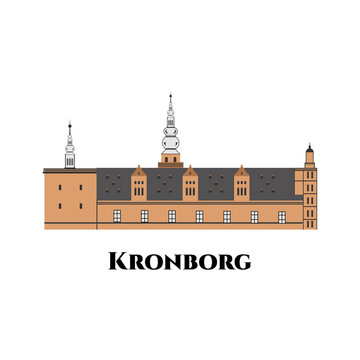 Kronborg castle, Helsingor (Elsinore), Denmark. Fantastic view and history. Recommended for tourist visit this beautiful place. Flat cartoon style historic sight showplace vector illustration