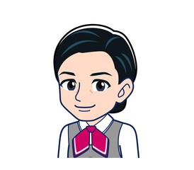 Middle-aged woman in red ribbon uniform