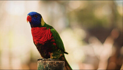 close up of a red and green parrot Or macaw bird in forest in daytime