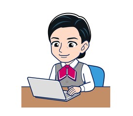 Middle-aged woman in red ribbon uniform