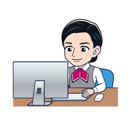 Middle-aged woman in red ribbon uniform