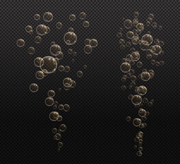 Gold fizzy bubbles. Sparkles champagne. Fizzy pop and effervescent drink. Abstract fresh soda and air bubbles, oxygen, champagne crystal. Vector illustration on black transparent background.