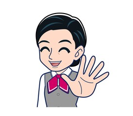 Middle-aged woman in red ribbon uniform