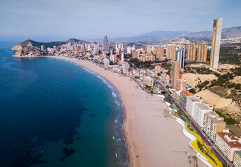 Aerial view of coast at Benidorm cityscape with a modern apartment buildings, Spain