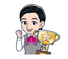 Middle-aged woman in red ribbon uniform