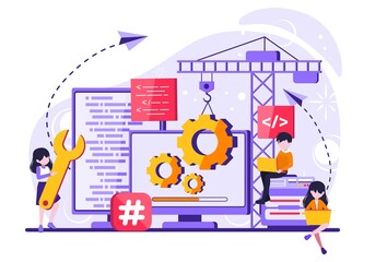 a maintenance system that is being worked on by a group of people. tiny people illustration. Vector illustration