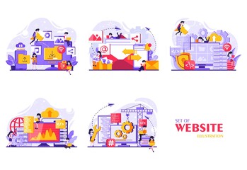 a collection of website-themed designs and their development. tiny people illustration. Vector illustration