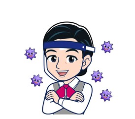 Middle-aged woman in red ribbon uniform