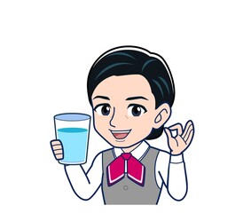 Middle-aged woman in red ribbon uniform