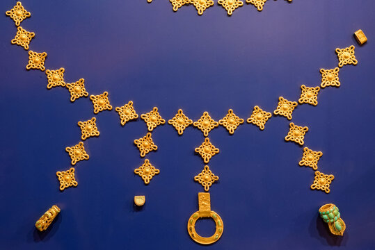CLose-up of beautiful obsolete Sarmatian jewelery in museum