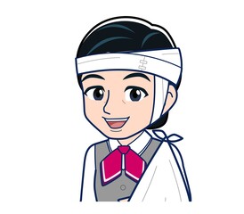 Middle-aged woman in red ribbon uniform