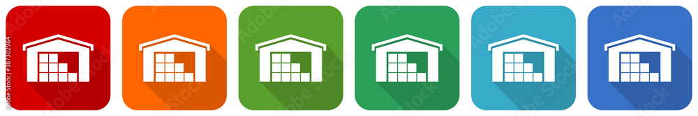 Poster warehouse, storage icon set, flat design vector illustration in 6 colors options for webdesign and m